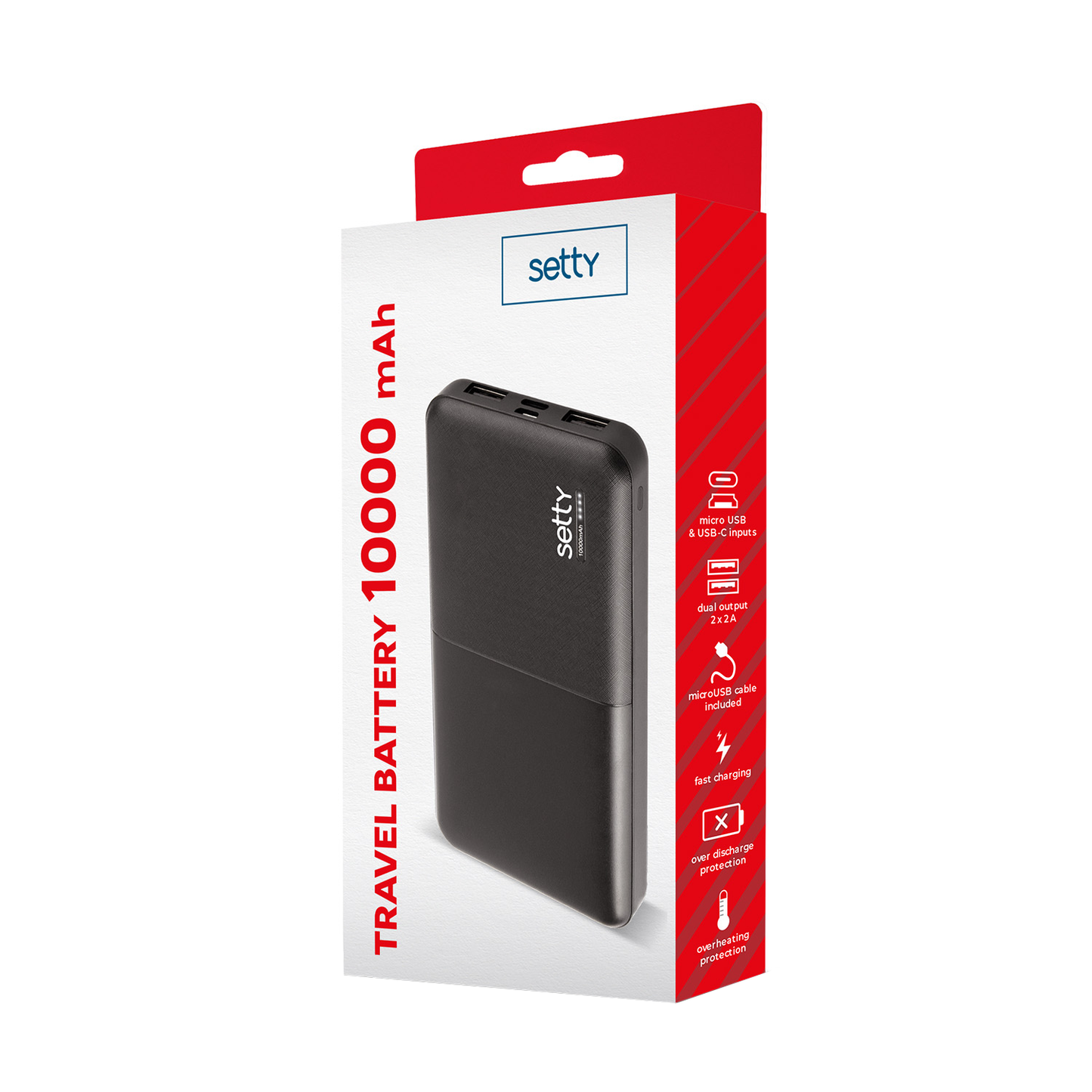 Setty External Battery, 10000mAh, 10W, 2 x USB-A, Black