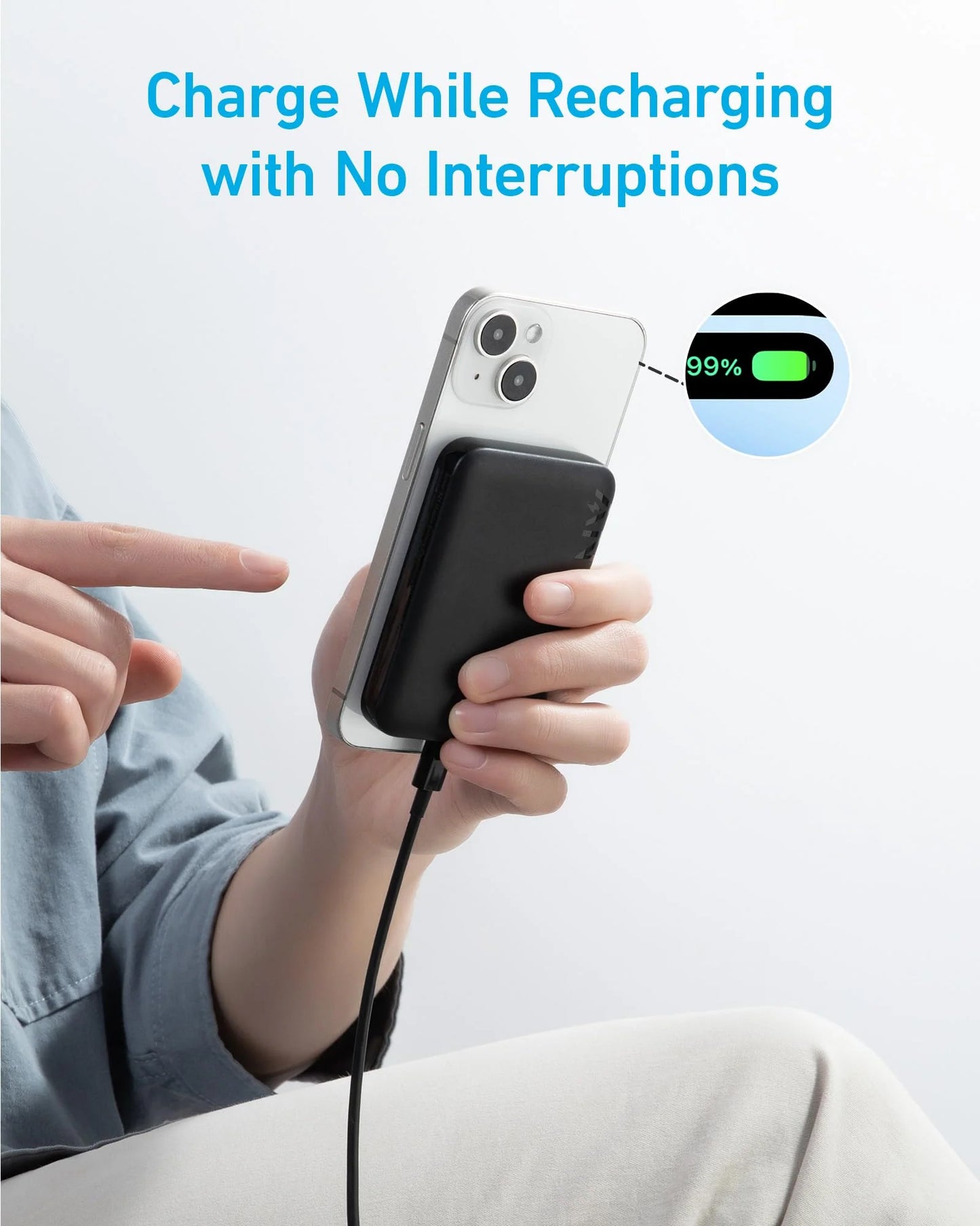 Anker 321 MagGo External Wireless Battery, 5000mAh, 7.5W, PD + FQI, 1 x QI - 1 x USB-C, Black A1616G11