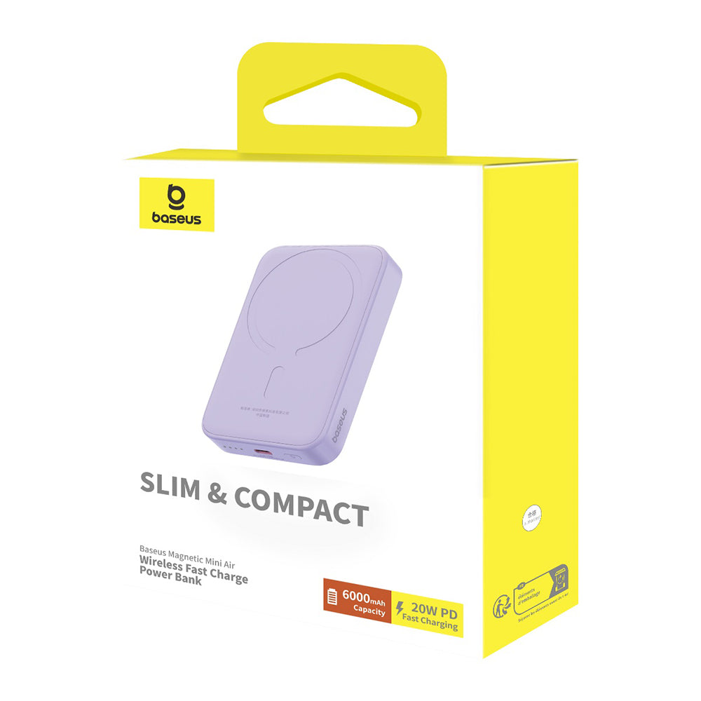 Baseus Mini Air Wireless External Battery, 6000mAh, 20W, PD + FQI, 1 x QI - 1 x USB-C, Purple P10059002513-00