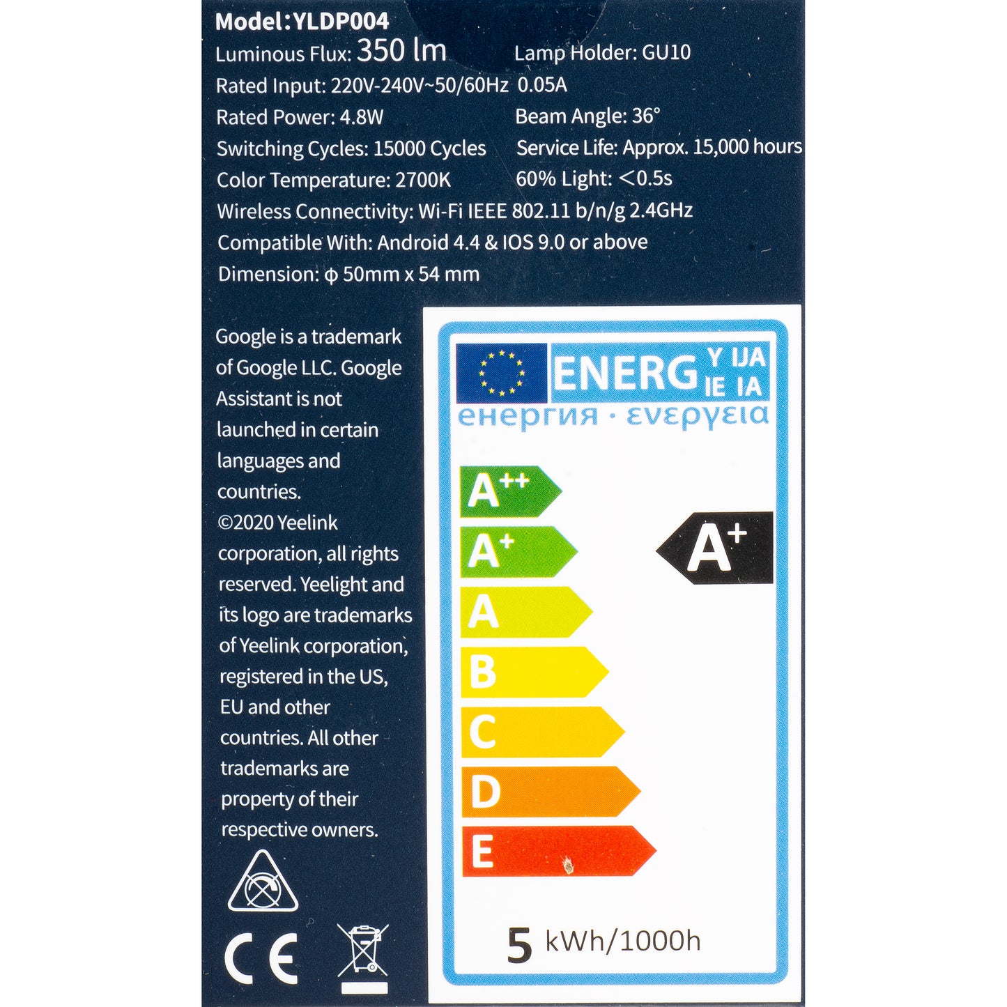 Yeelight W1 LED Bulb, Wi-Fi, GU10, 4.8W, 2700K, 350lm YLDP004