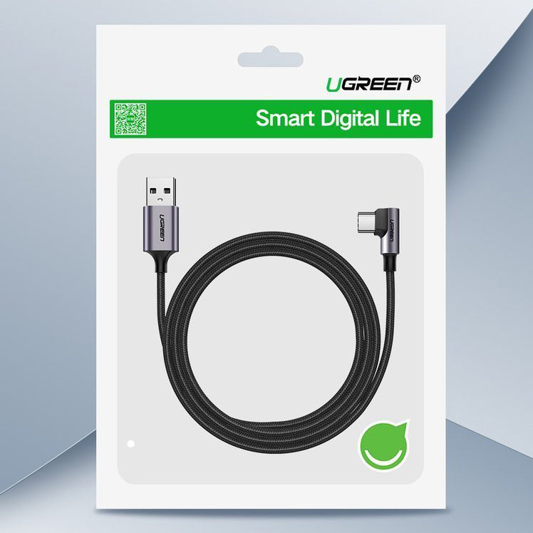 UGREEN US284 Angled USB-A to USB-C Data and Charging Cable, 18W, 3m, Grey