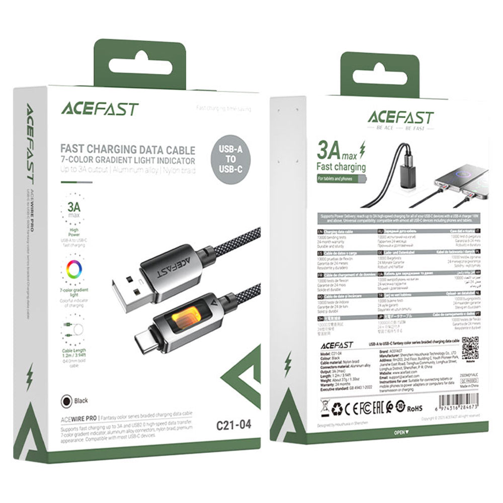 USB-A to USB-C Data and Charging Cable Acefast C21-04, 18W, 1.2m, Black