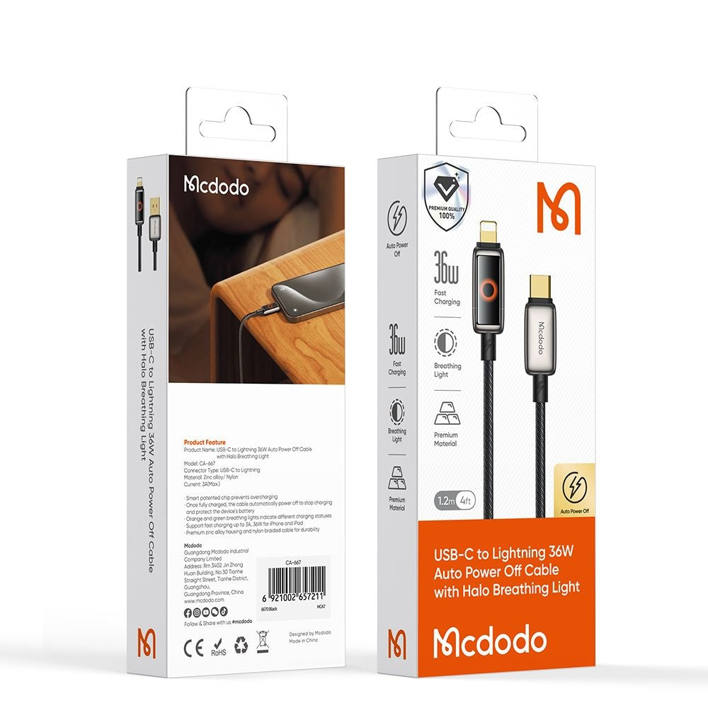 USB-C to Lightning McDodo CA-6670 Data and Charging Cable - Auto Power Off, 36W, 1.2m, Black