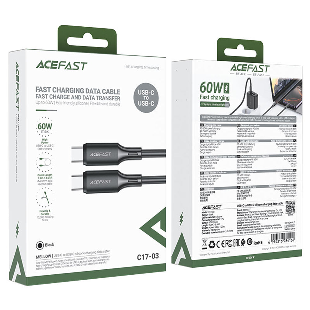 USB-C Data and Charging Cable - USB-C Acefast C17-03, 60W, 1.2m, Black