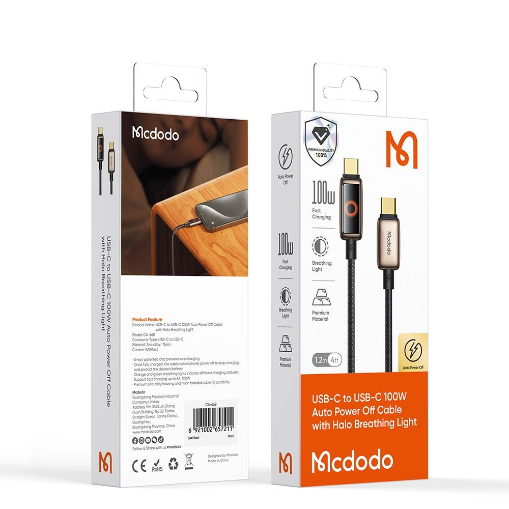 USB-C Data and Charging Cable - USB-C McDodo CA-6681 Auto Power Off, 100W, 1.2m, Gold