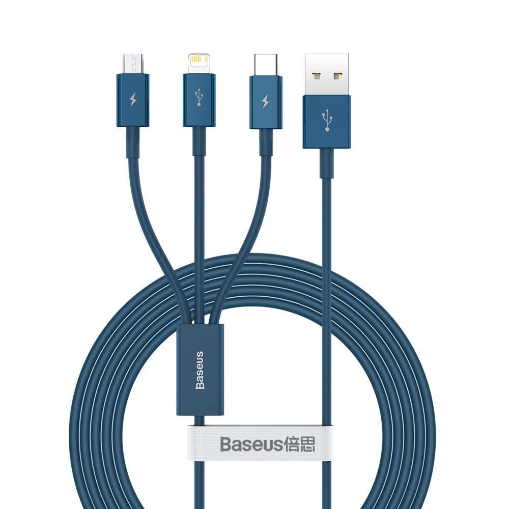 USB-A Charging Cable - Lightning / microUSB / USB-C Baseus Superior 3in1 Series, 20W, 1.5m, Blue CAMLTYS-03