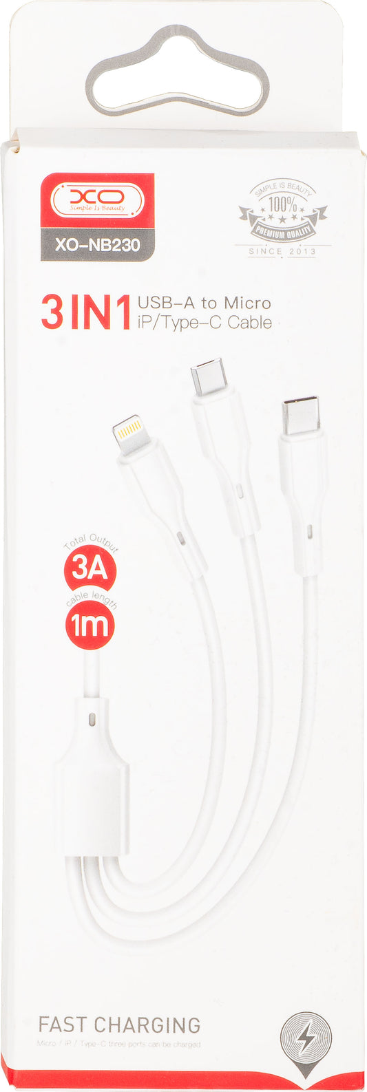 USB-A Charging Cable - Lightning / microUSB / USB-C XO Design NB230 3in1, 20W, 1m, White