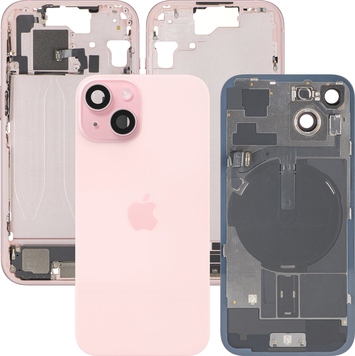 Apple iPhone 15 Battery Cover, With Middle Case, Full Parts, Pink, Premium Swap