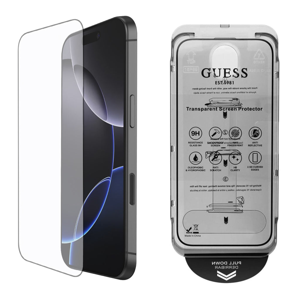 Guess Classic Outline Screen Protector for Apple iPhone 16, Tempered Glass, Full Glue, 2.5D, Black