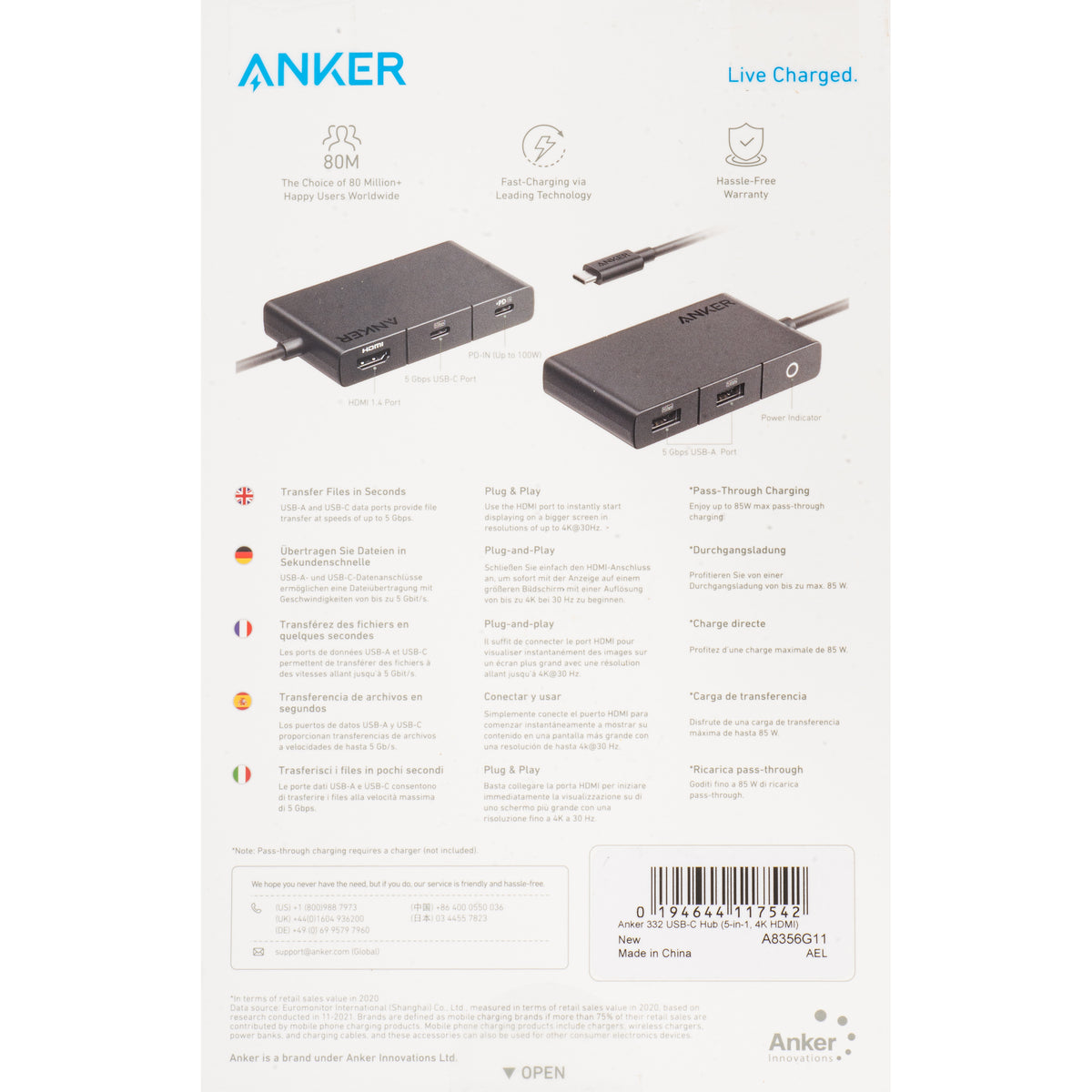 Anker 332 USB-C Hub, 2 x USB-A - 2 x USB-C - 1 x HDMI, Black A8356G11