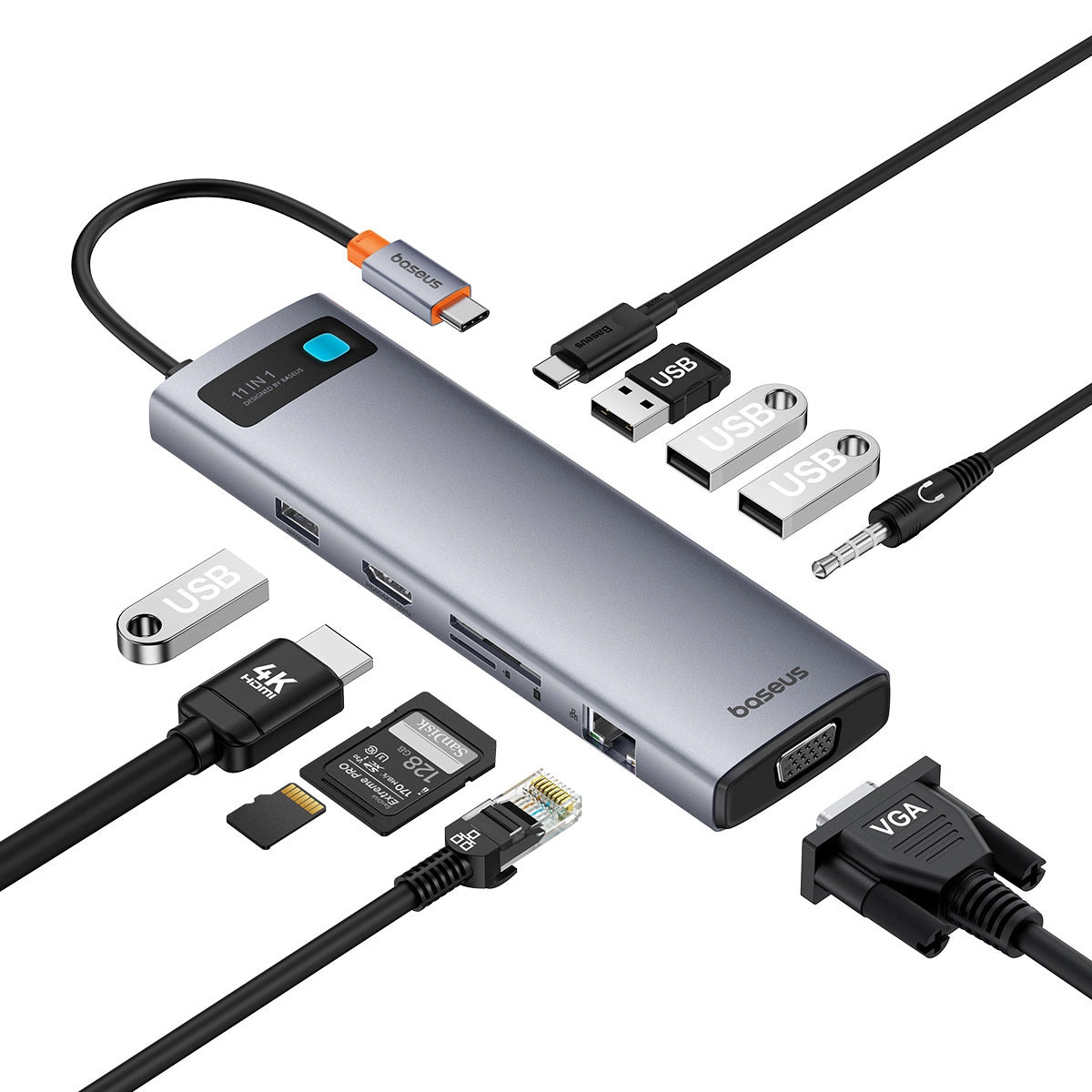 Baseus Metal Gleam USB-C Hub, 3 x USB-A 3.0 - 1 x USB-A - 1 x USB-C - 1 x HDMI - 1 x VGA - 1 x 3.5mm Jack - 1 x RJ45 - 1 x SD - 1 x microSD, Gray