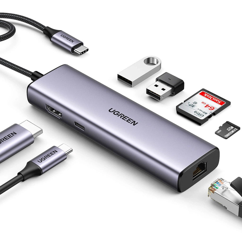 UGREEN CM512 USB-C Hub (90568), 2 x USB-A 3.0 - 1 x USB-C - 1 x HDMI - 1 x RJ45 - 1 x SD - 1 x microSD, Gray