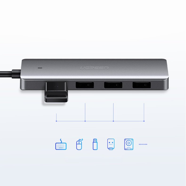 UGREEN CM219 USB Hub, 4 x USB-A 3.0 - 1 x USB-C, Gray