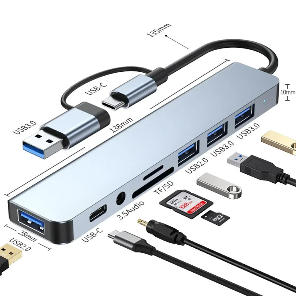 USB / USB-C Techsuit H9 DataBridge Hub, 8in1, Gray