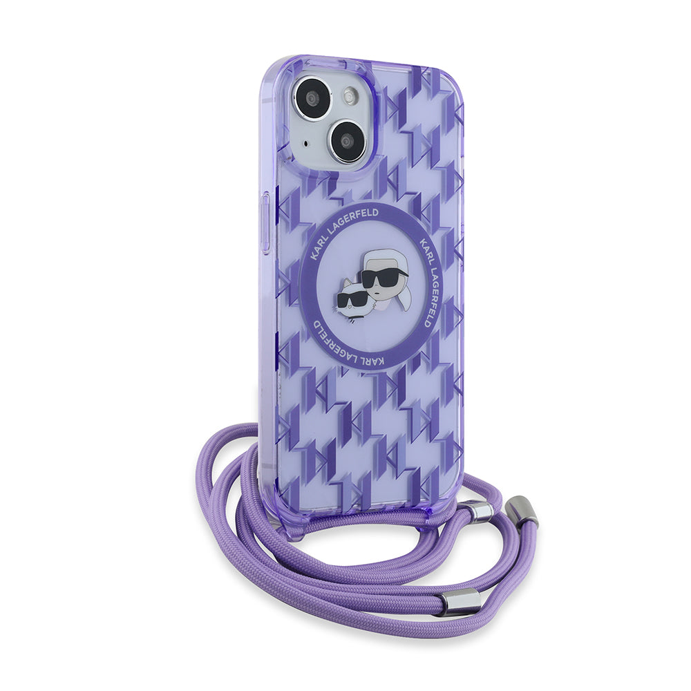 MagSafe Case for Apple iPhone 15, Karl Lagerfeld, IML Crossbody Monogram Karl & Choupette's Heads, Purple