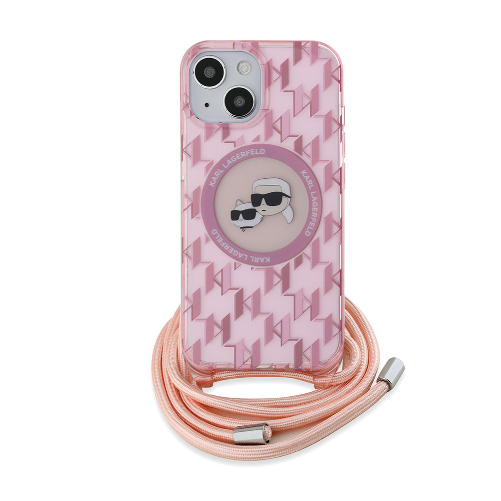 MagSafe Case for Apple iPhone 15, Karl Lagerfeld, IML Crossbody Monogram Karl & Choupette's Heads, Pink