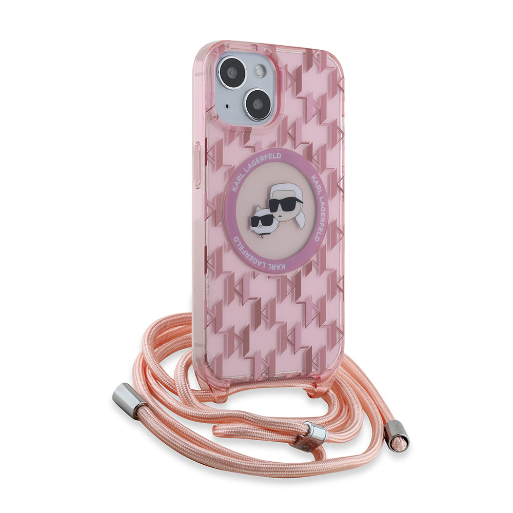MagSafe Case for Apple iPhone 15, Karl Lagerfeld, IML Crossbody Monogram Karl & Choupette's Heads, Pink
