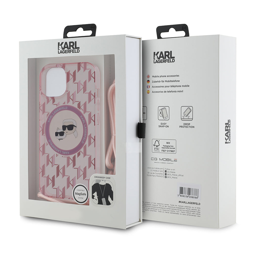 MagSafe Case for Apple iPhone 15, Karl Lagerfeld, IML Crossbody Monogram Karl & Choupette's Heads, Pink