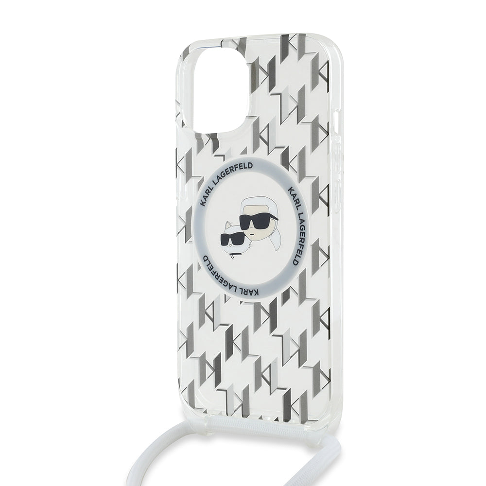 MagSafe Case for Apple iPhone 15, Karl Lagerfeld, IML Crossbody Monogram Karl & Choupette's Heads, Transparent