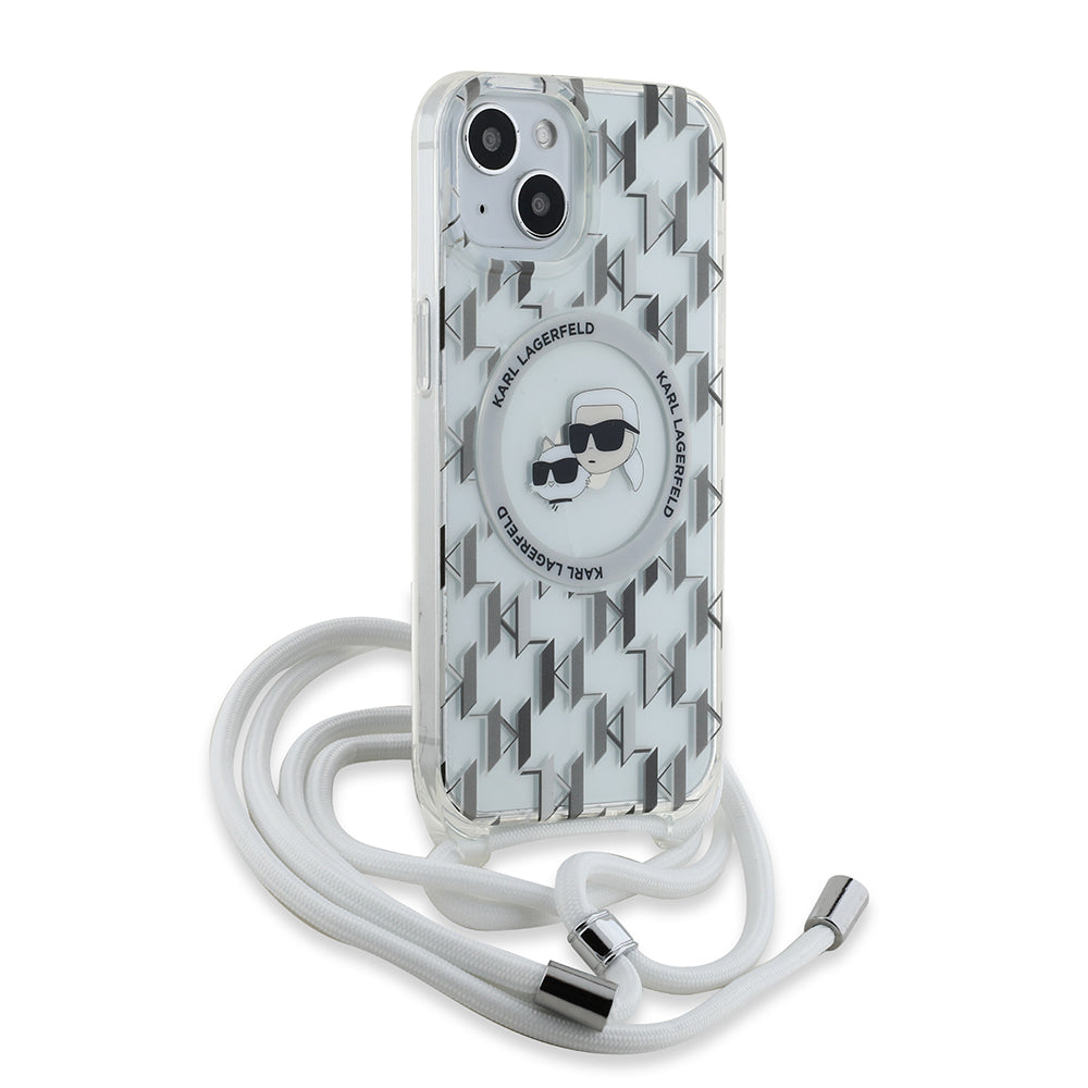 MagSafe Case for Apple iPhone 15, Karl Lagerfeld, IML Crossbody Monogram Karl & Choupette's Heads, Transparent