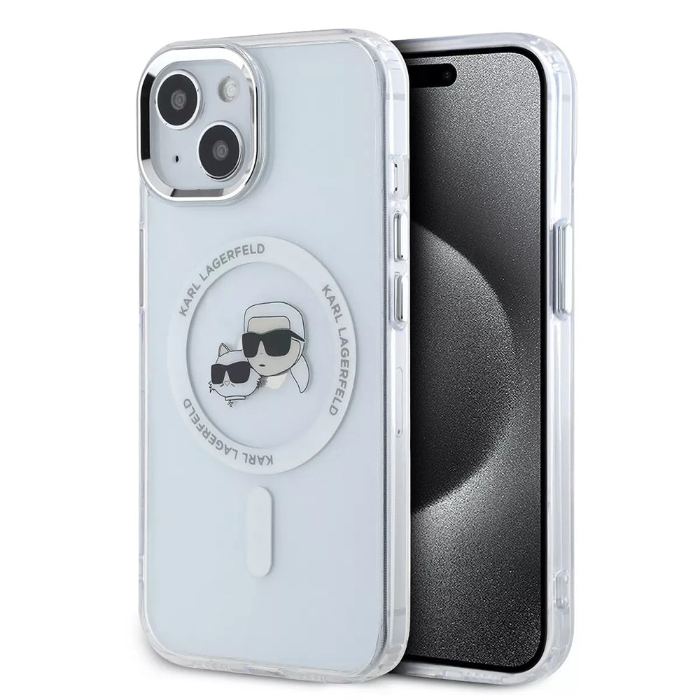 MagSafe Case for Apple iPhone 15, Karl Lagerfeld, IML Metal Karl & Choupette's Heads, White