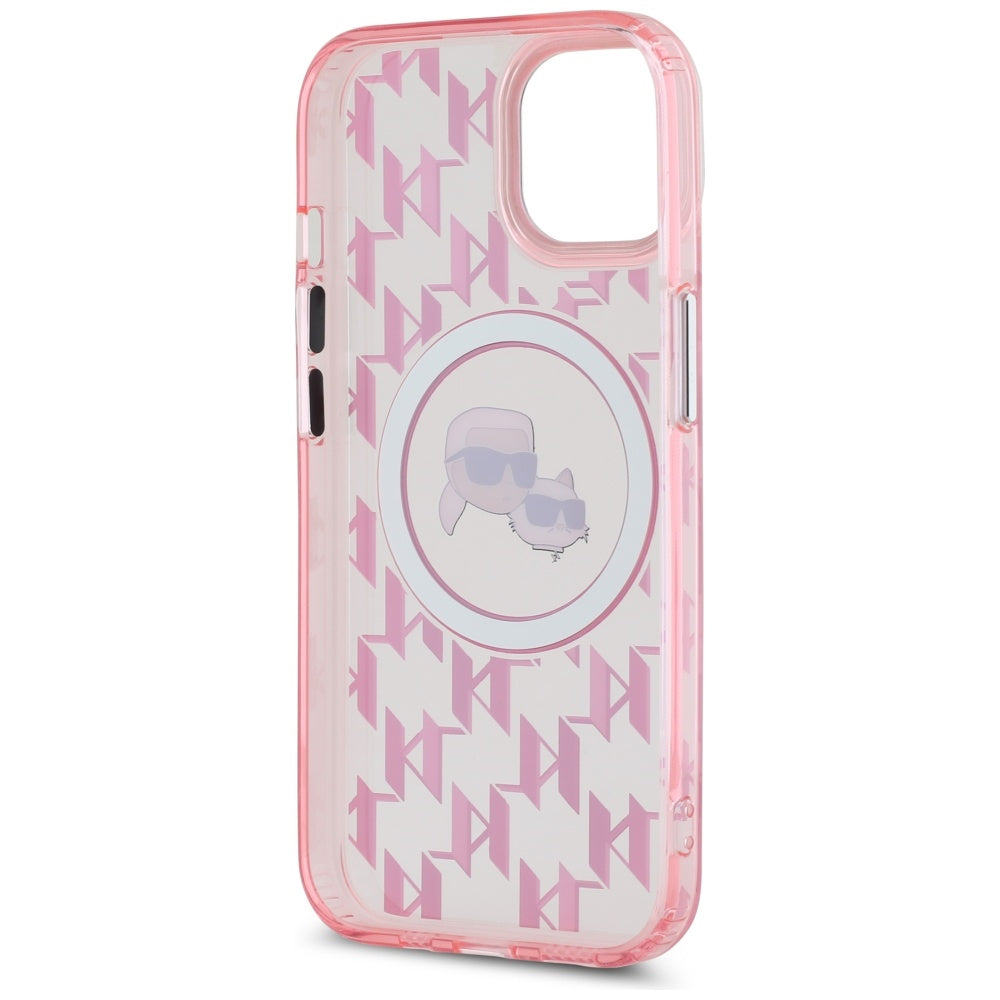 MagSafe Case for Apple iPhone 15, Karl Lagerfeld, IML Monogram Karl & Choupette's Heads, Pink