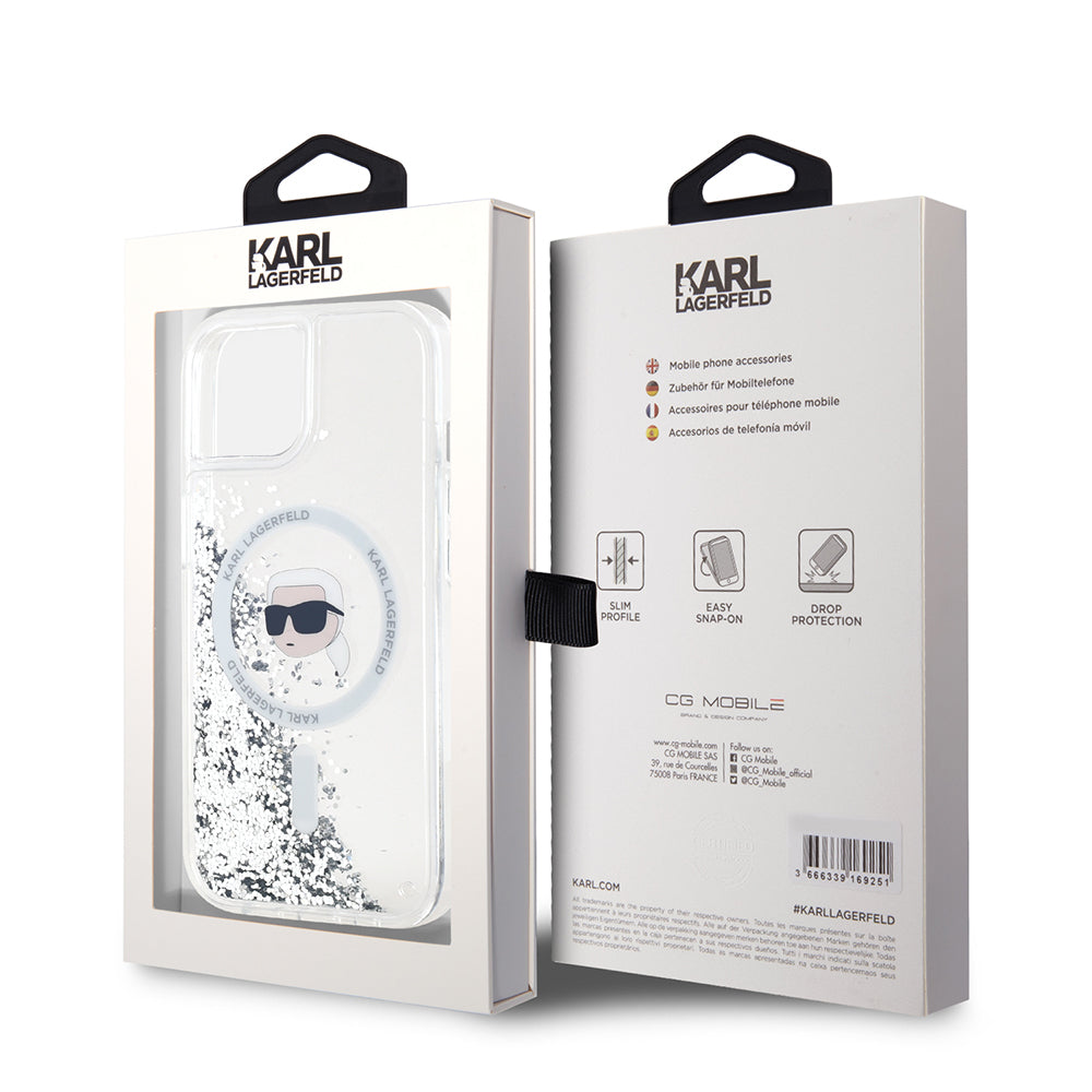 MagSafe Case for Apple iPhone 15, Karl Lagerfeld, Liquid Glitter Karl's Head, Transparent