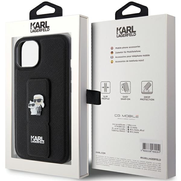 MagSafe Case for Apple iPhone 15, Karl Lagerfeld, Saffiano Gripstand Karl & Choupette, Black