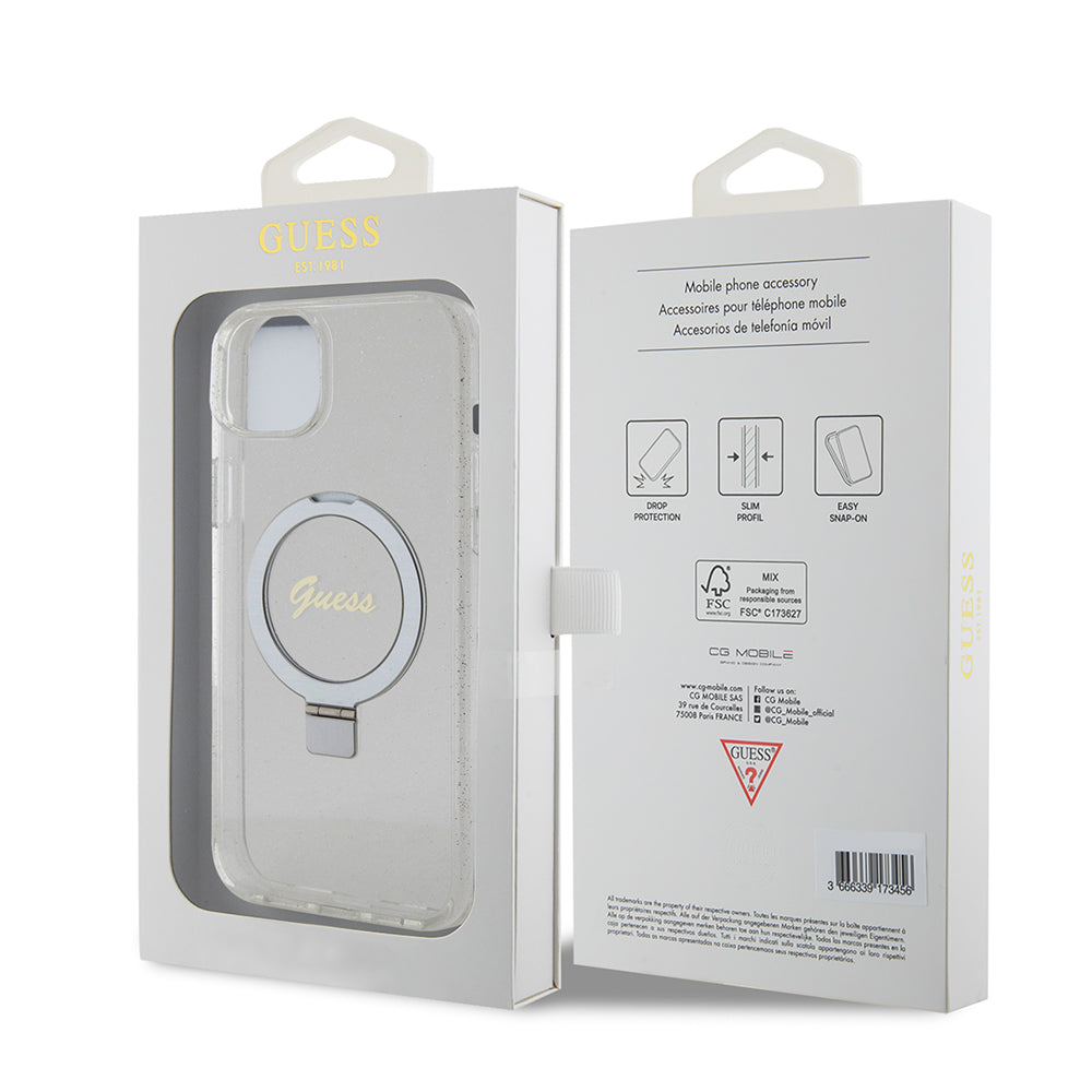MagSafe Case for Apple iPhone 15 Plus, Guess, Ring Stand Script Glitter, Transparent