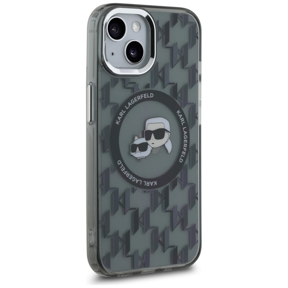MagSafe Case for Apple iPhone 15 Plus, Karl Lagerfeld, IML Monogram Karl & Choupette's Heads, Black