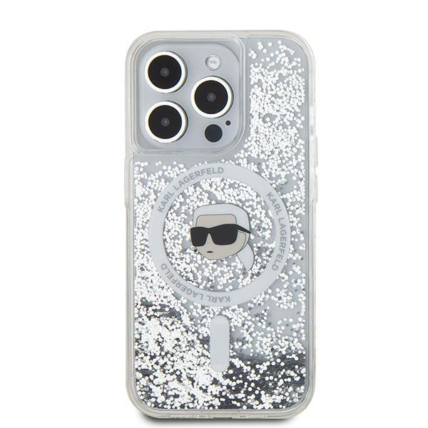 MagSafe Case for Apple iPhone 15 Pro, Karl Lagerfeld, Liquid Glitter Karl's Head, Transparent
