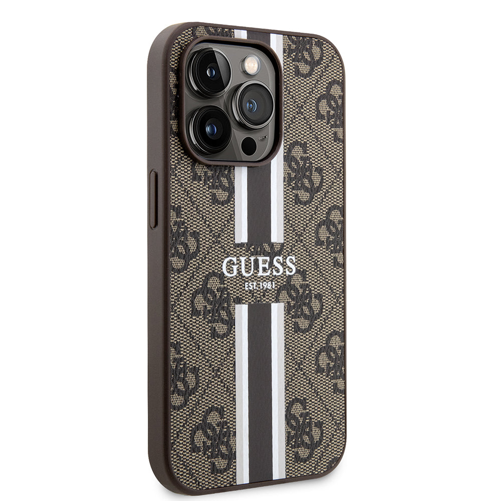 MagSafe Case for Apple iPhone 15 Pro Max, Guess, 4G Printed Stripes, Brown