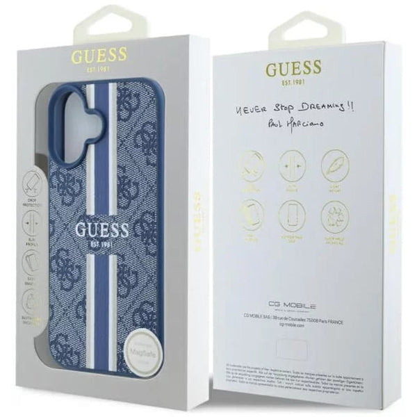 MagSafe Case for Apple iPhone 16, Guess, 4G Printed Stripes, Blue