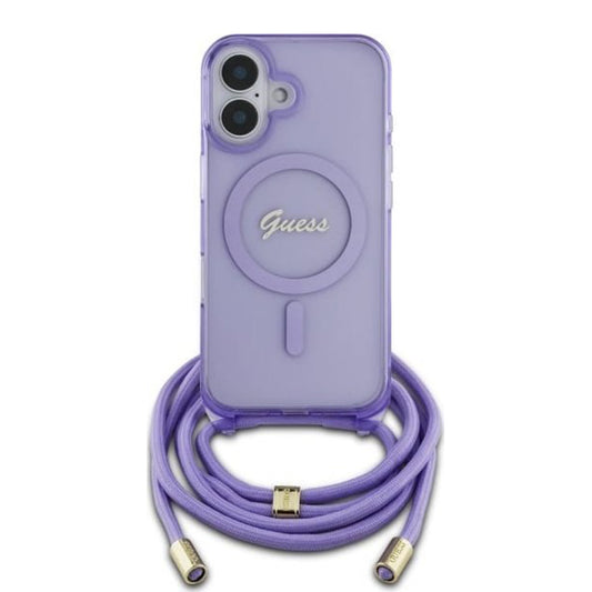 MagSafe Case for Apple iPhone 16, Guess, IML Crossbody Cord Script, Purple