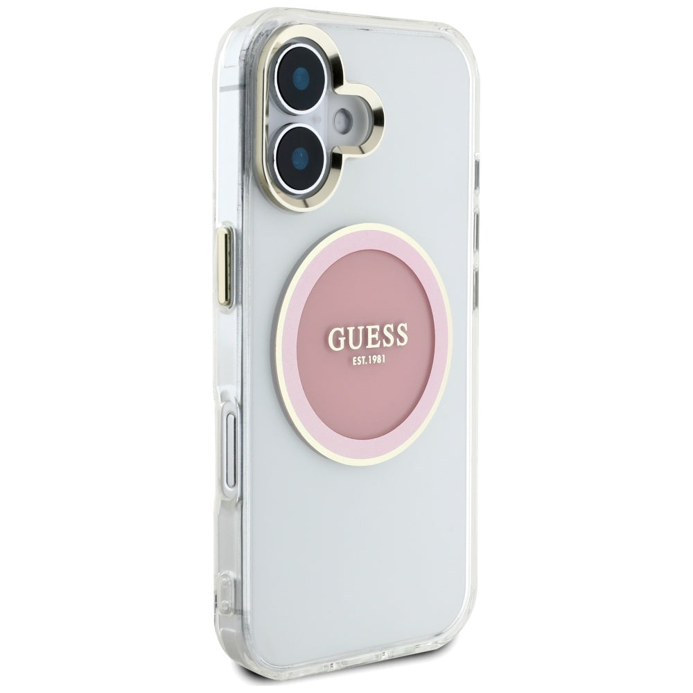 MagSafe Case for Apple iPhone 16, Guess, IML Metal Colored Circle, Pink