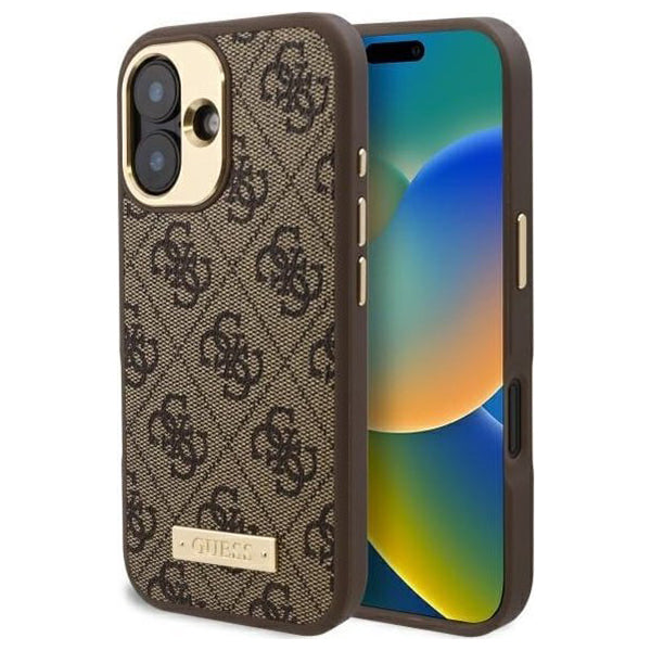 MagSafe Case for Apple iPhone 16 Plus, Guess, 4G Logo Plate, Brown