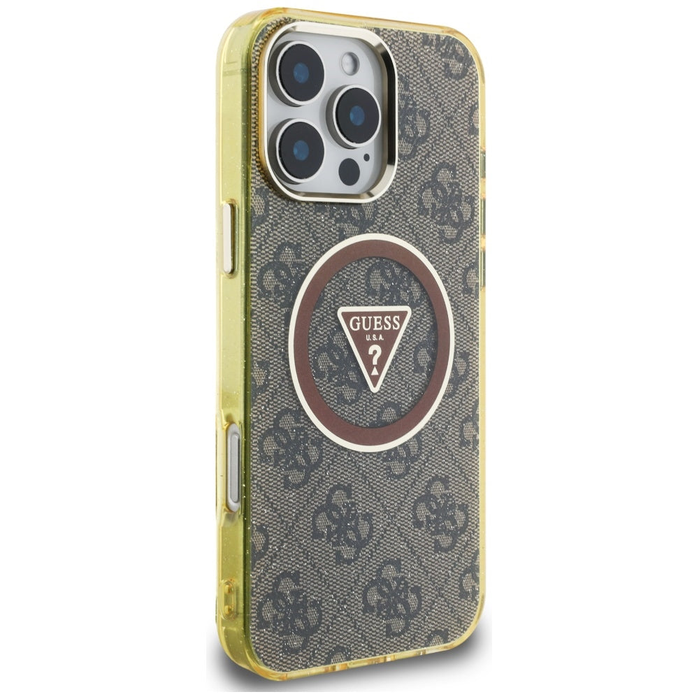 MagSafe Case for Apple iPhone 16 Pro, Guess, IML Glitter 4G Circle Triangle, Brown
