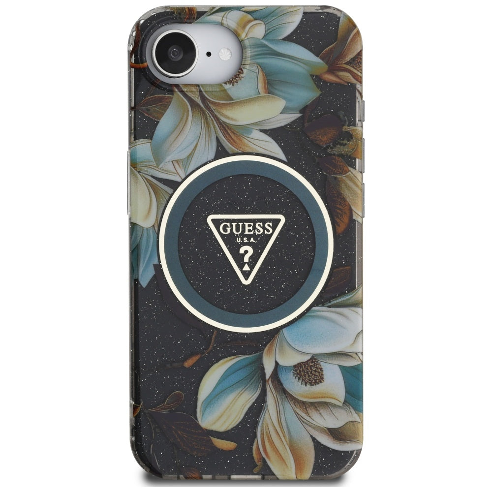 MagSafe Case for Apple iPhone 17e / 16e, Guess, IML Metal Glitter Flowers Triangle, Black