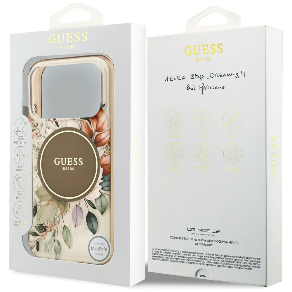 MagSafe Case for Apple iPhone 17 Pro, Guess, IML Flower and Tonal Circle, Brown