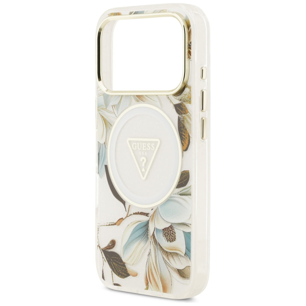 MagSafe Case for Apple iPhone 17 Pro, Guess, IML Metal Glitter Flowers Triangle, White