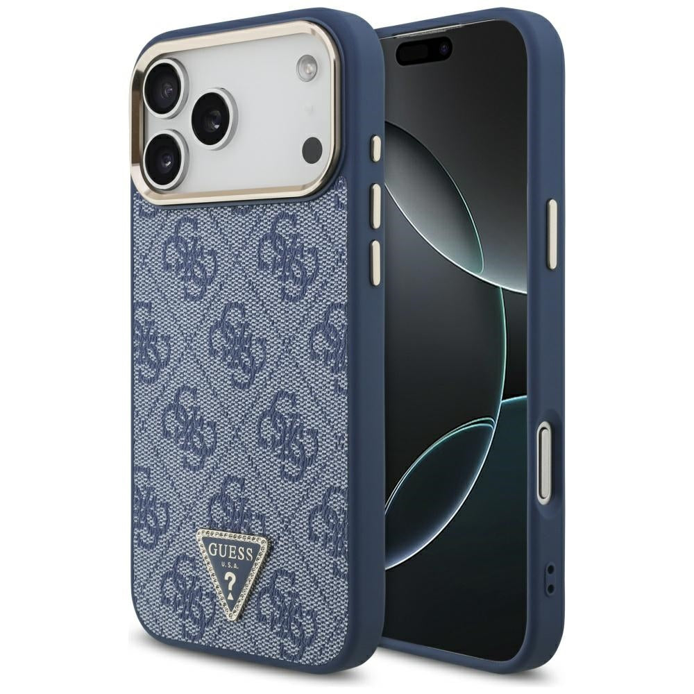 MagSafe Case for Apple iPhone 17 Pro Max, Guess, 4G Triangle Logo, Golden Blue