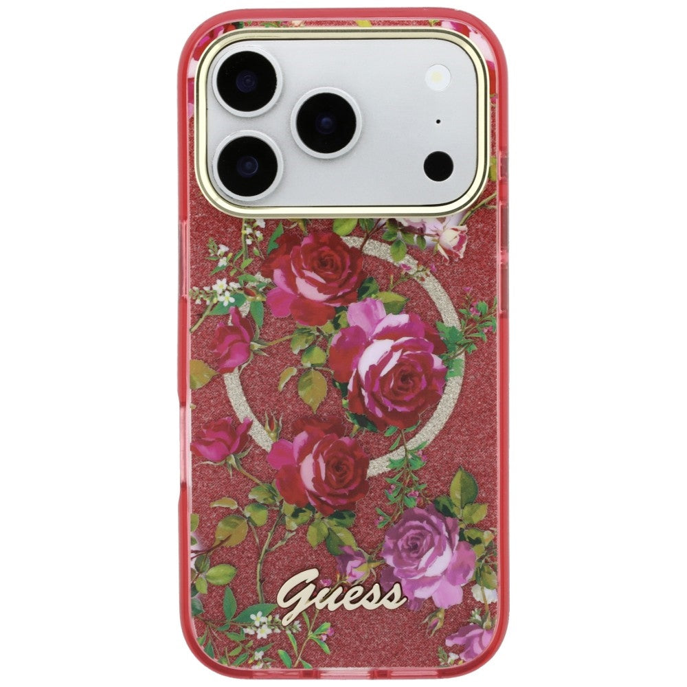 MagSafe Case for Apple iPhone 18 Pro / 17 Pro, Guess, IML Glitter Blossom Roses, Burgundy