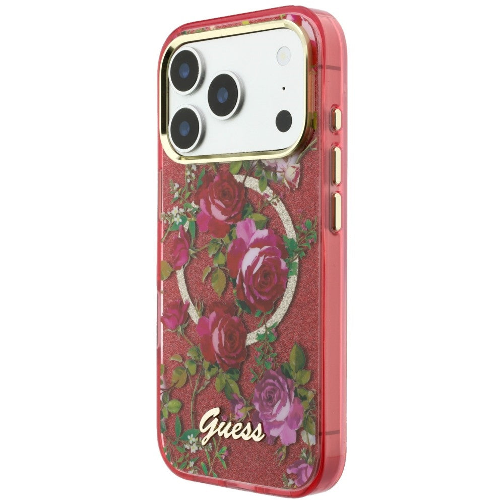 MagSafe Case for Apple iPhone 18 Pro / 17 Pro, Guess, IML Glitter Blossom Roses, Burgundy