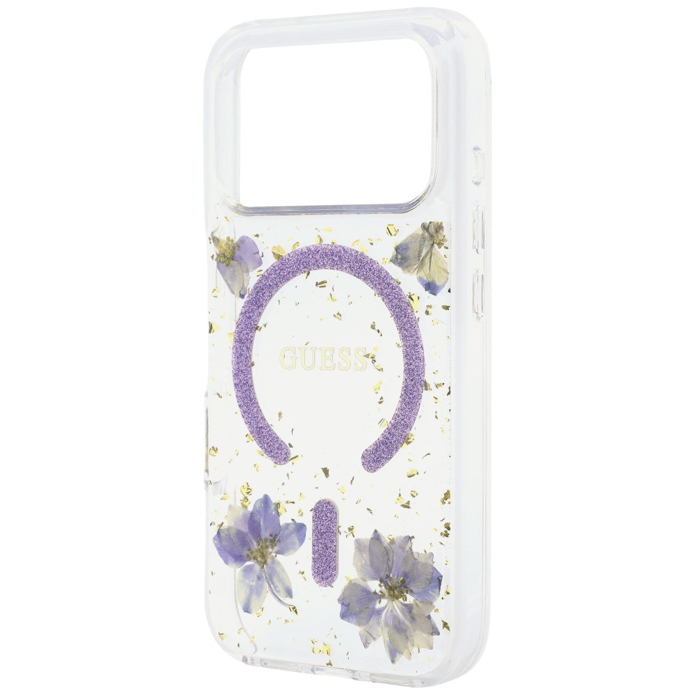 MagSafe Case for Apple iPhone 18 Pro / 17 Pro, Guess, Resin Flowers and Glitter, Purple