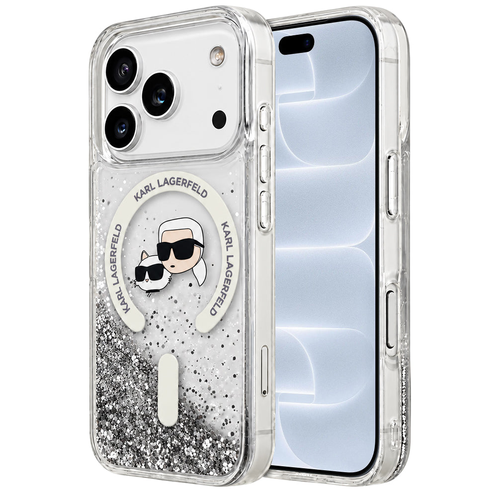 MagSafe Case for Apple iPhone 18 Pro / 17 Pro, Karl Lagerfeld, Liquid Glitter Karl & Choupette Head's, Transparent