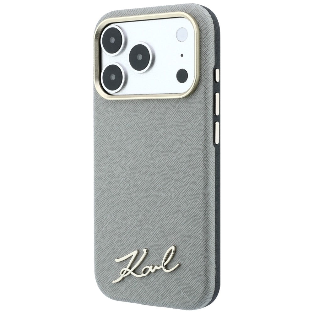MagSafe Case for Apple iPhone 18 Pro / 17 Pro, Karl Lagerfeld, Saffiano Small Script Metal Logo, Gray Beige