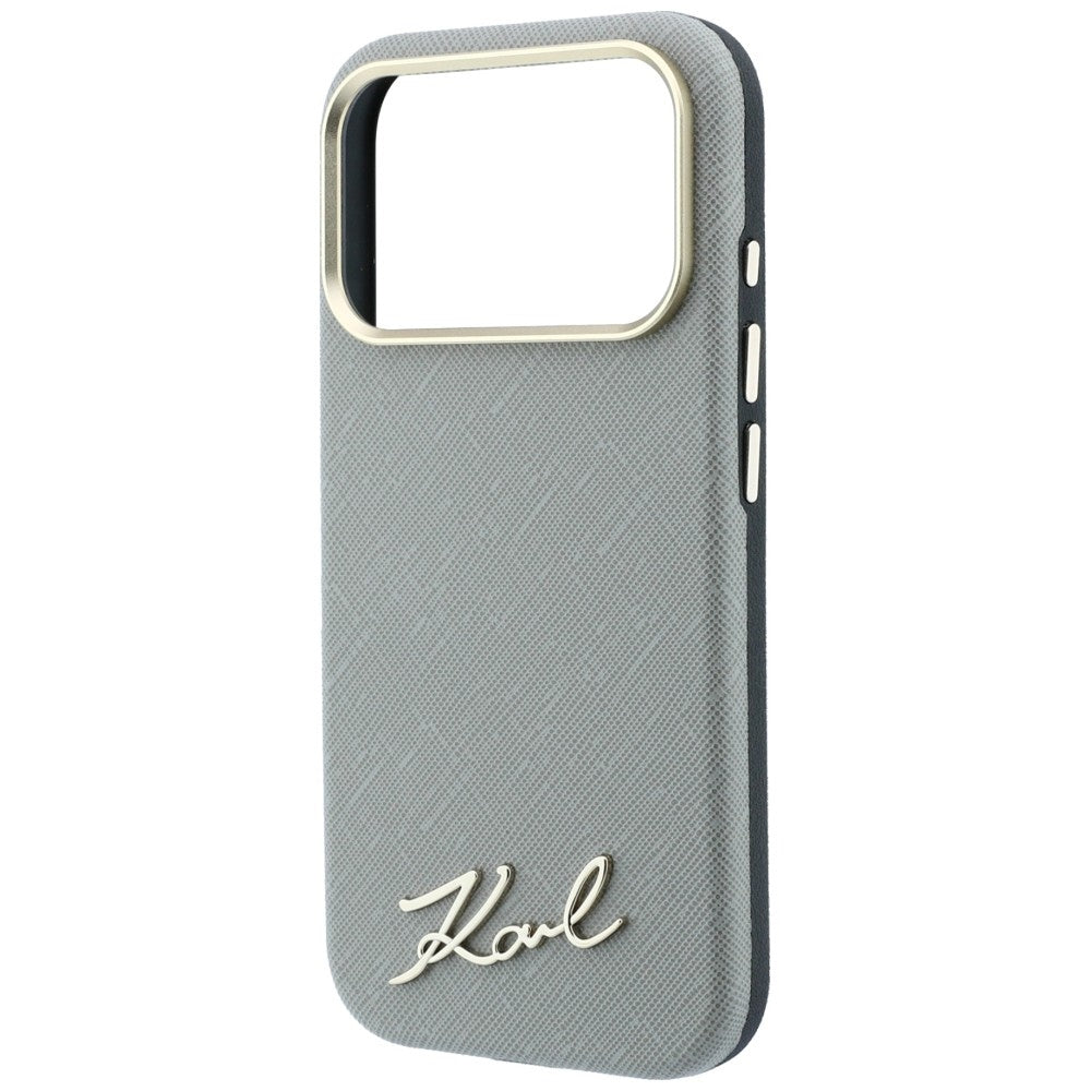 MagSafe Case for Apple iPhone 18 Pro / 17 Pro, Karl Lagerfeld, Saffiano Small Script Metal Logo, Gray Beige