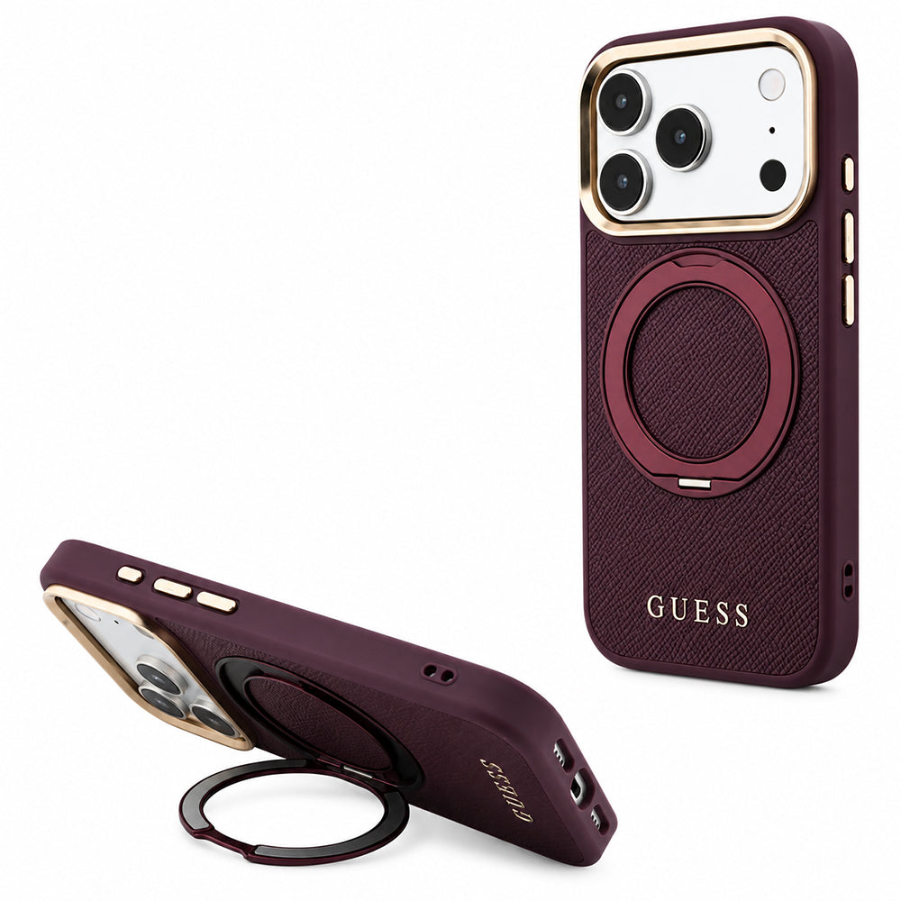 MagSafe Case for Apple iPhone 18 Pro Max / 17 Pro Max, Guess, Grained Ring Stand 360 Classic, Burgundy