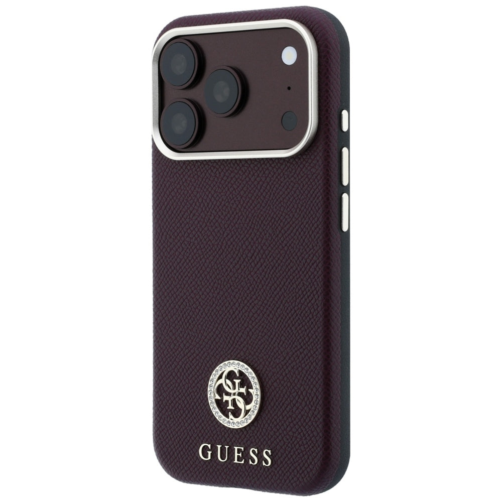 MagSafe Case for Apple iPhone 18 Pro Max / 17 Pro Max, Guess, Grained Round Strass Logo, Burgundy
