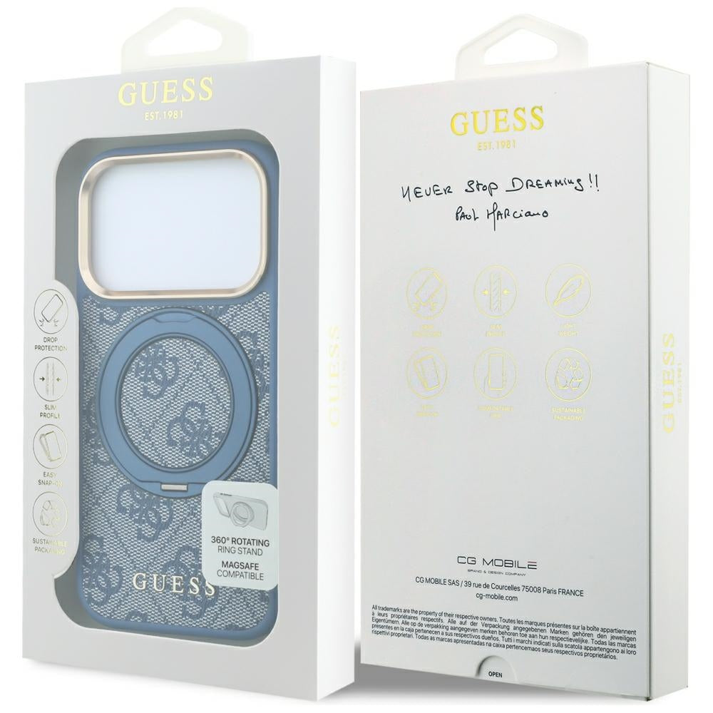 MagSafe Case for Apple iPhone 18 Pro Max / 17 Pro Max, Guess, Ring Stand 360 4G Classic Logo, Blue